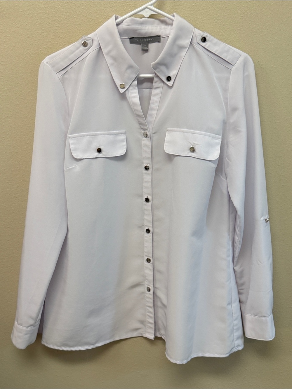 NY Collection White Button-Down Utility Blouse